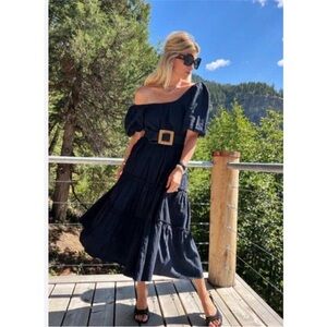 BURU Black On or Off Shoulder Puff Sleeve MIDI Dress Size Small Medium